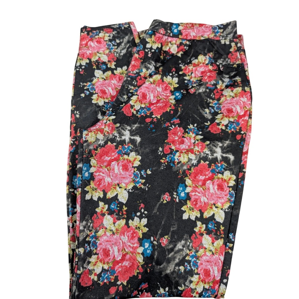 Steve Madden Floral Print Leggings Womens Large Black Rose Acid Wash Stretch